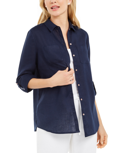 Charter Club Women's 100% Linen Shirt, Created For Macy's In Intrepid Blue