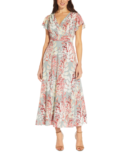 Shop Adrianna Papell Floral-print Flutter-sleeve Midi Dress In Aqua Multi