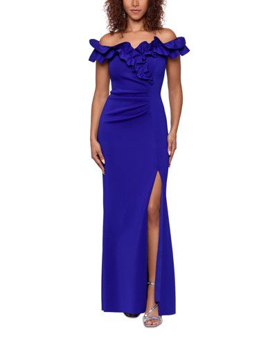 Shop Xscape Ruffled Ruched Scuba Fit & Flare Gown In Marine