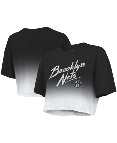 Shop Majestic Women's  Threads Black And White Brooklyn Nets Dirty Dribble Tri-blend Cropped T-shirt In Black/white