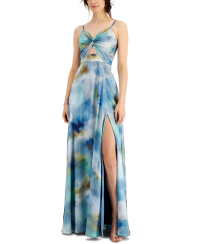 Shop Aidan Mattox Aidan By  Printed Long Twist-front Dress In Blue Multi