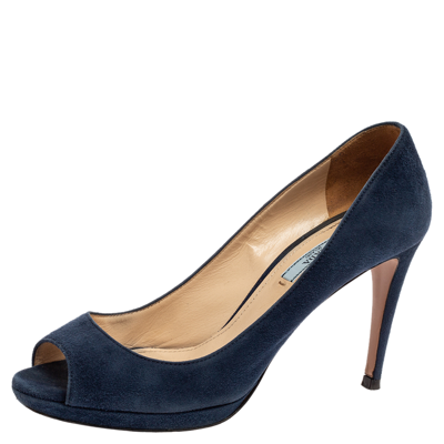 Pre-owned Prada Navy Blue Suede Peep-toe Platform Pumps Size 38.5