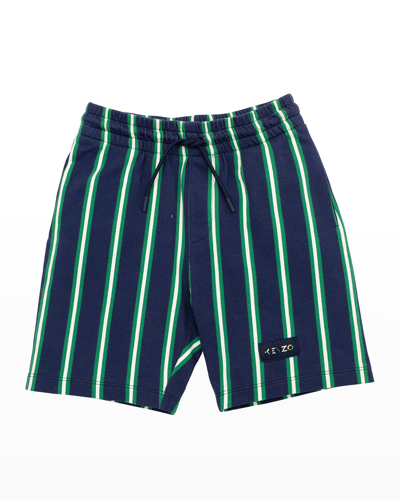 Shop Kenzo Boy's Striped Logo Drawstring Jogger Shorts In 85m-navy