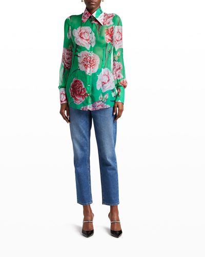 Shop Dolce & Gabbana Carnation-print Silk Chiffon Shirt In Ligh.green
