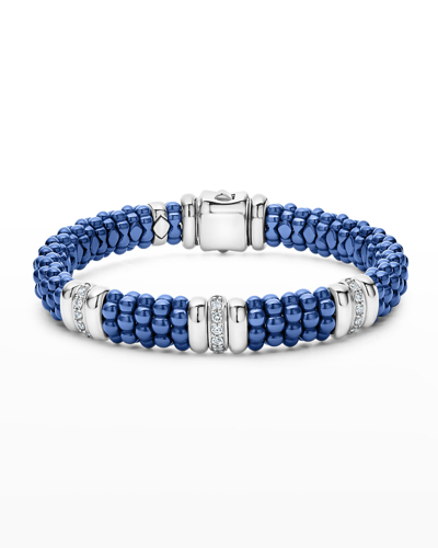 Shop Lagos Blue Caviar Ultramarine Ceramic 3-stations With 1-diamond Row 9mm Rope Bracelet In Ss 18k