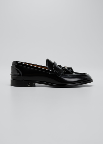 Shop Christian Louboutin Men's Red Sole Studded Tassel Penny Loafers In Black