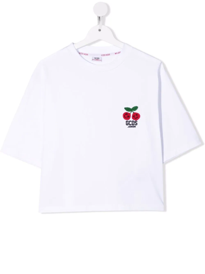 Shop Gcds Teen Cherry-embroidered Cropped T-shirt In White