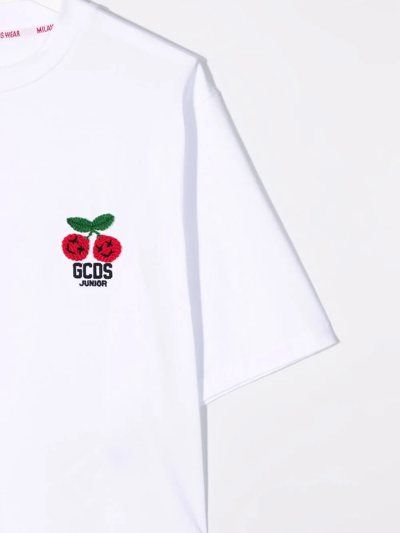 Shop Gcds Teen Cherry-embroidered Cropped T-shirt In White