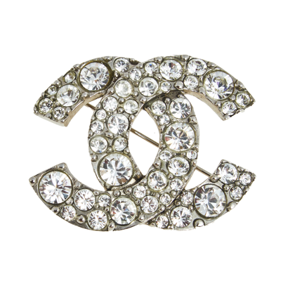 Pre-owned Chanel Silver Tone Crystal Cc Pin Brooch