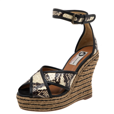 Pre-owned Lanvin Beige/brown Python Embossed Leather Platform Wedge Sandals Size 37