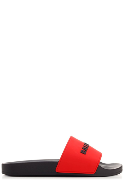 Shop Balenciaga Logo Embossed Slides In Red