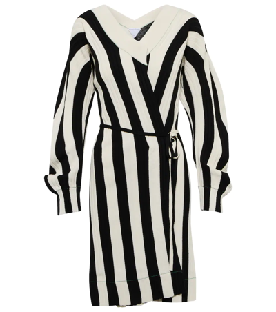 Shop Bottega Veneta Striped Linen-blend Wrap Dress In Black/chalk