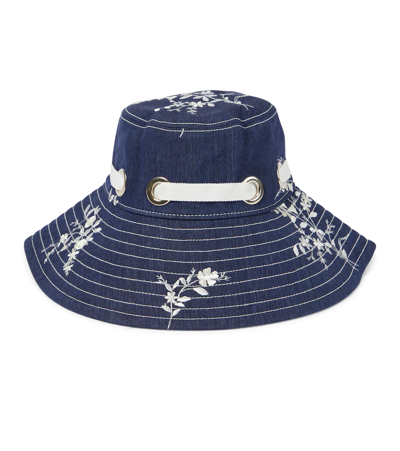 Shop Erdem Embroidered Linen-blend Bucket Hat In Navy
