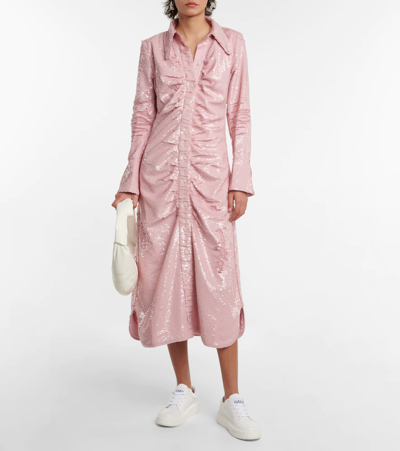Ganni Open-back Sequined Recycled Satin Midi Shirt Dress In Light Lilac