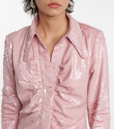 Ganni Open-back Sequined Recycled Satin Midi Shirt Dress In Light Lilac