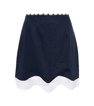 Shop Staud Arianna Linen Miniskirt In Navy/ White