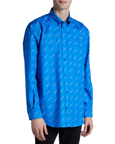 Shop Balenciaga Men's Allover Contrast-logo Sport Shirt In Blue