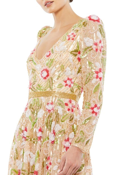 Shop Mac Duggal Floral Sequin Long Sleeve Midi Dress In Gold Multi