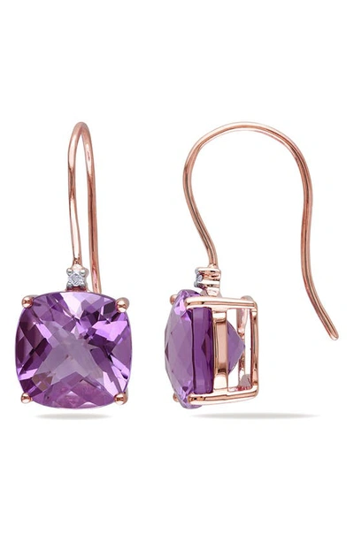 Shop Delmar 10k Rose Gold Cushion Cut Amethyst & Diamond Drop Earrings In Purple