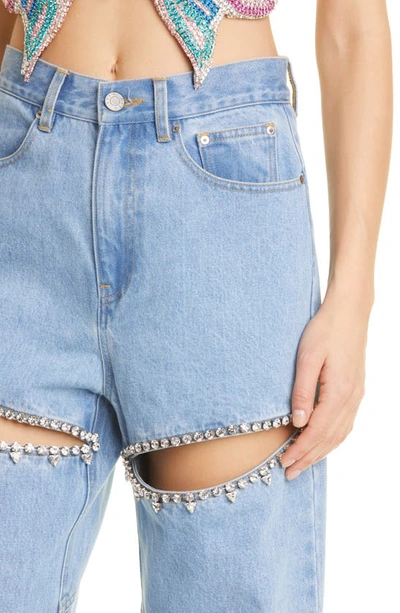 Shop Area Crystal Slit High Waist Straight Leg Jeans In Light Blue