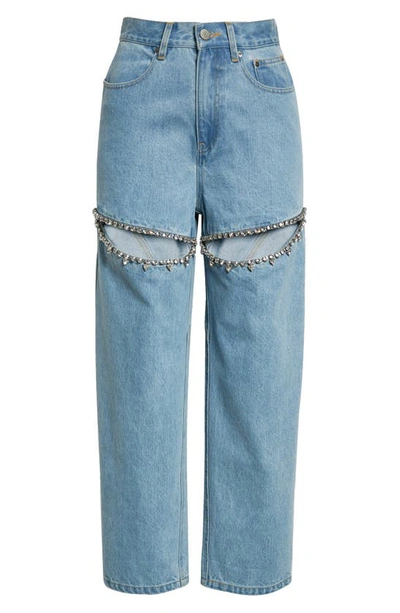 Shop Area Crystal Slit High Waist Straight Leg Jeans In Light Blue