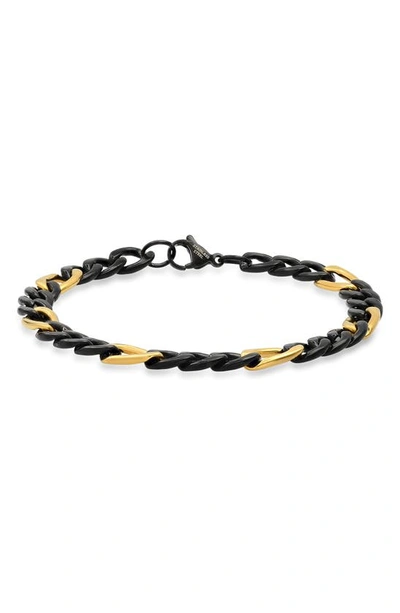 Shop Hmy Jewelry 18k Gold Plated Stainless Steel Two-tone Figaro Chain Bracelet In Black / Yellow