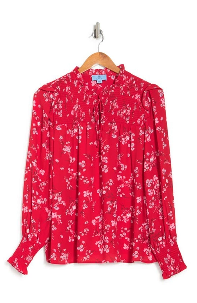 Cece Smocked Yoke Floral Blouse In Red/ Mauve | ModeSens