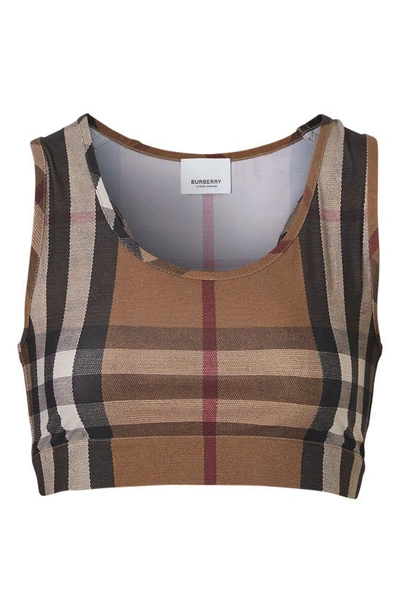 Shop Burberry Immy Check Jersey Crop Top In Birch Brown Ip Chk