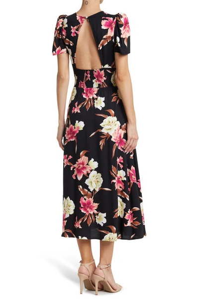 Shop Afrm Jamie Print Open Back Short Sleeve Dress In Noir Tropical