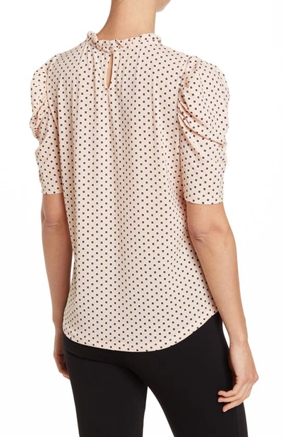 Shop Adrianna Papell Moss Crepe Print Ruffle Neck Blouse In Champagne Covered Diamonds
