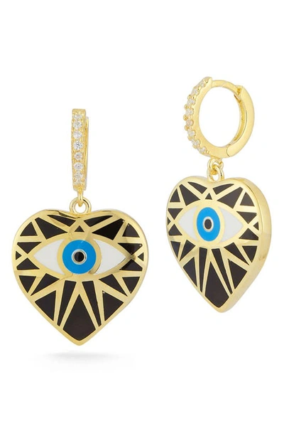 Shop Sphera Milano 14k Gold Plated Sterling Silver & Cz Evil Eye Heart Dangle Earrings In Yellow Gold