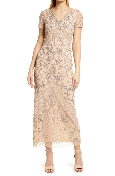 Shop Pisarro Nights Beaded Mesh Column Gown In Blush