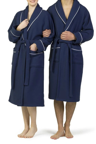 Linum Home Textiles Hotel Collection Satin Piped Trim Waffle Terry Bathrobe In Navy
