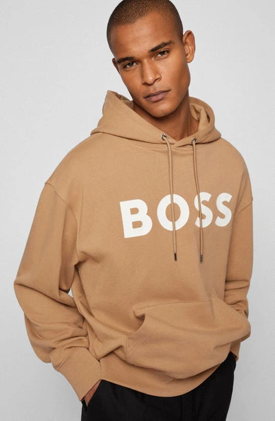 Shop Hugo Boss Sullivan Oversize Cotton Logo Hoodie In Beige