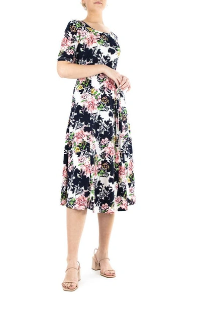 Nina Leonard Sylvia Stretch Crepe Midi Dress In Navy Pink Multi