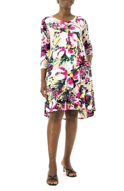 Shop Nina Leonard Three-quarter Sleeve Stretch Knit Trapeze Dress In Blush Multi