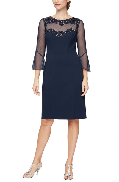 Shop Alex Evenings Embroidered Sheath Dress In Navy
