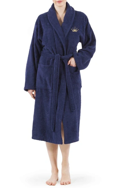 Linum Home Textiles Cheetah Crown Design Embroidered Terry Bathrobe In Navy