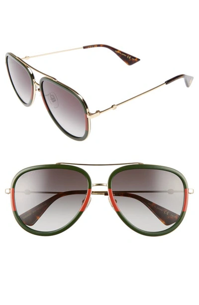 Shop Gucci 57mm Aviator Sunglasses In Green-red/ Green