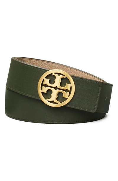 Shop Tory Burch Reversible Leather Belt In Gray Heron / Poblano / Gold