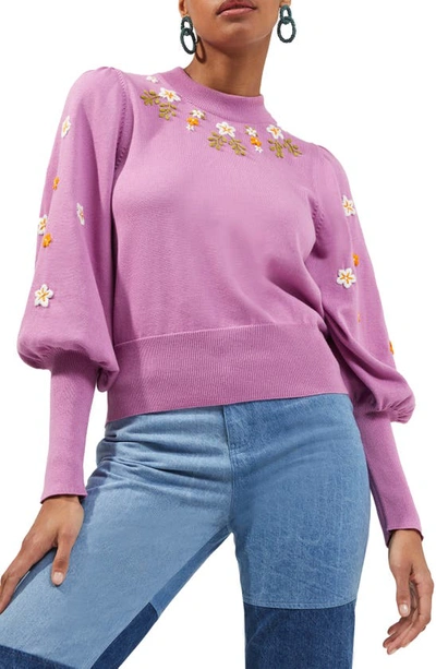 Shop French Connection Kaitlyn Embroidered Mock Neck Organic Cotton Sweater In Pink Violet