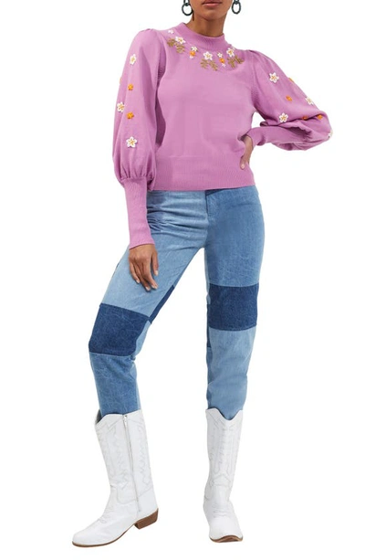 Shop French Connection Kaitlyn Embroidered Mock Neck Organic Cotton Sweater In Pink Violet