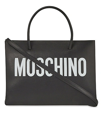 Shop Moschino Logo Print Small Leather Tote In Black