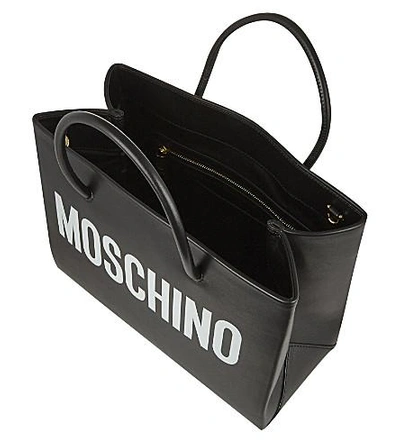 Shop Moschino Logo Print Small Leather Tote In Black