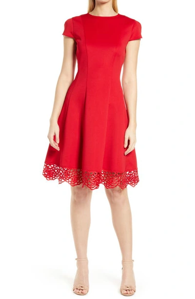 Shop Donna Ricco Tulip Sleeve Lace Hem Fit & Flare Dress In Red