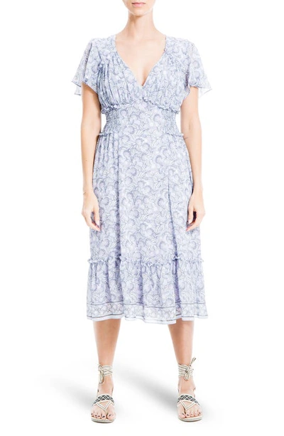 Shop Max Studio Printed Ruffle Short Sleeve Dress In Lavender Leafy Mums