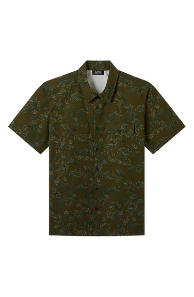 Shop Apc Chemisette Augustin Short Sleeve Cotton Button-up Shirt In Khaki