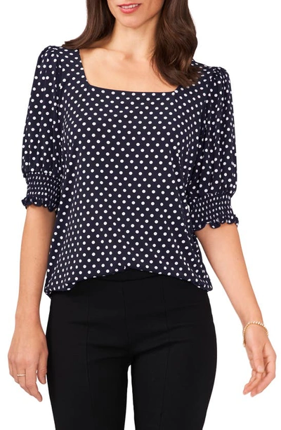 Shop Chaus Square Neck Smocked Sleeve Blouse In Navy/ White