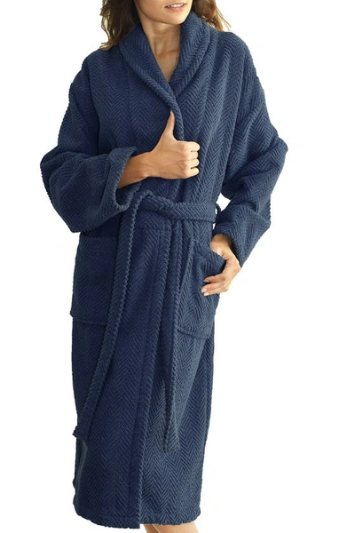 Linum Home Textiles Unisex Herringbone Weave Bathrobe In Midnight Blue
