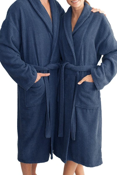 Linum Home Textiles Unisex Herringbone Weave Bathrobe In Midnight Blue